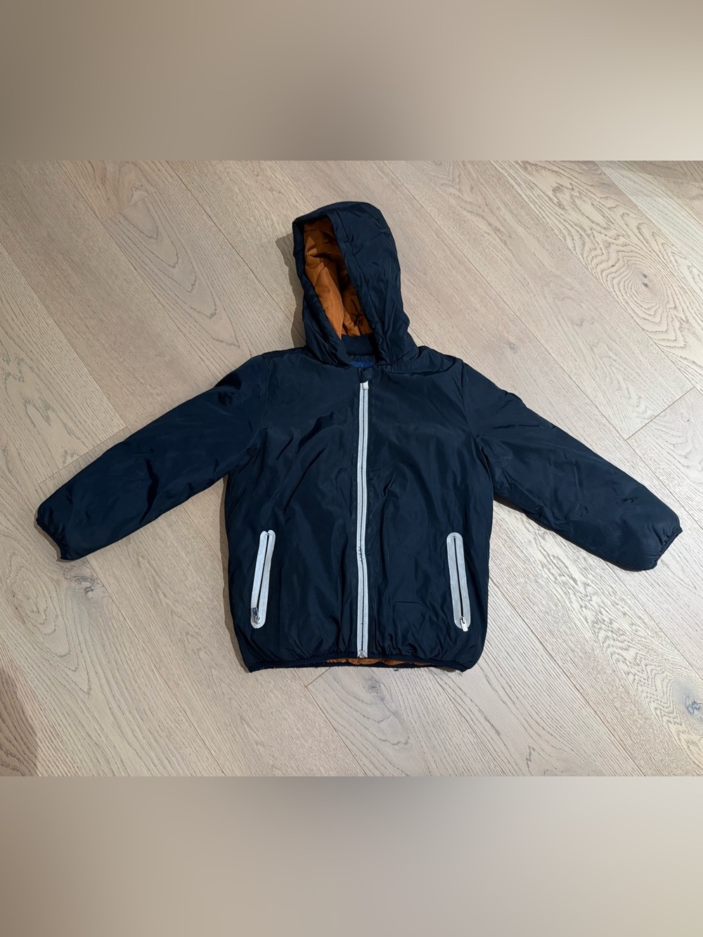 Jacadi Navy Hooded Puffer with Orange Interior size 8